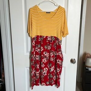 XL Sweet Clair Tea Length Mixed Pattern Jersey Knit Dress